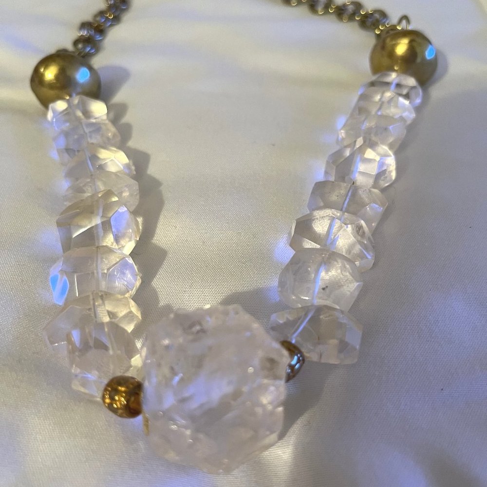 Handcrafted Chunky Necklace. Clear Crystal Quartz & Gold tone accents & Chain. - Picture 4 of 5